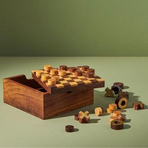 New Anthropologie Rosewood 2-in-1 Game Set Checkers & Tic-Tac-Toe
